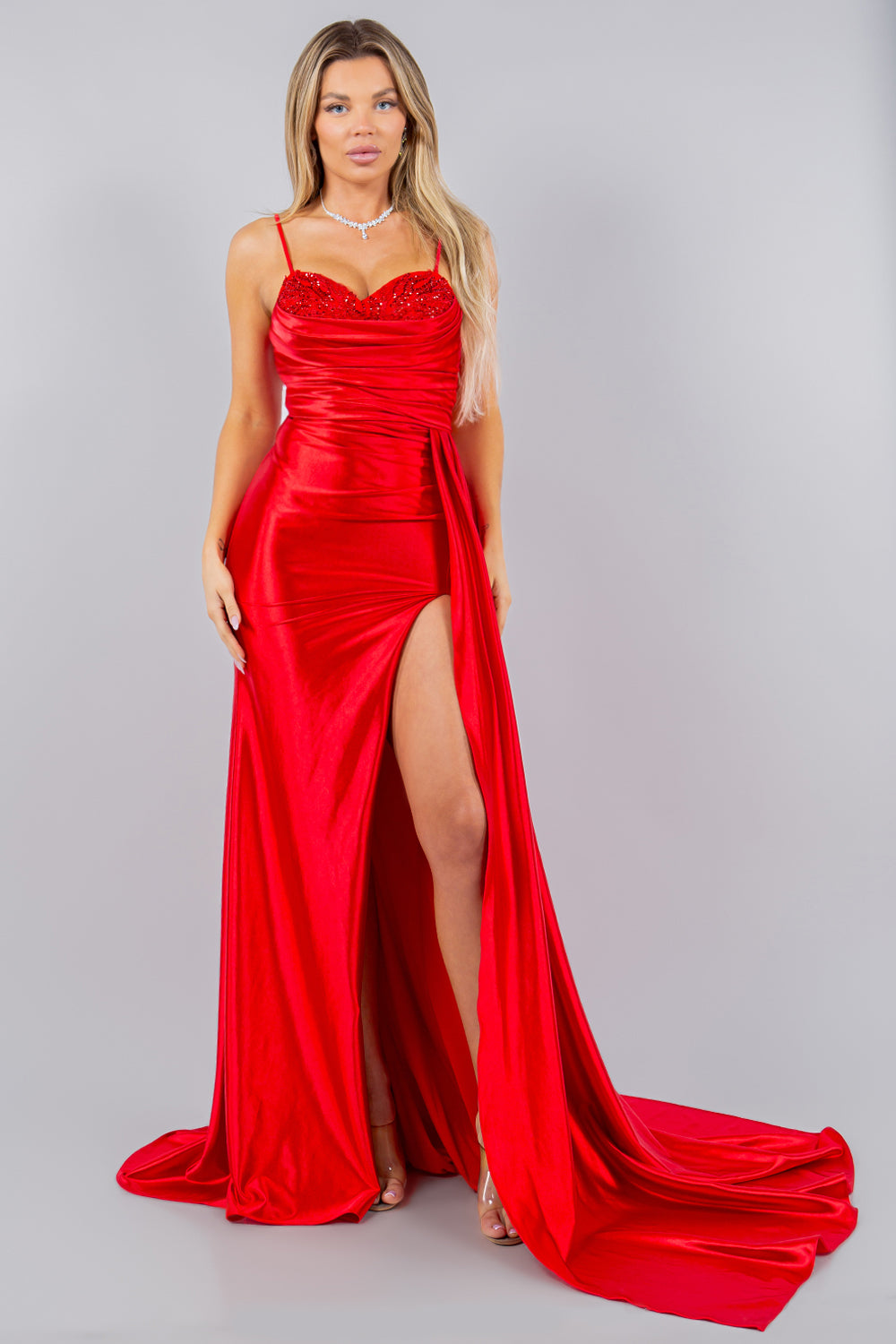 Luxe Satin Embellished Sweetheart Gown with Side Sash and Slit - 8082J
