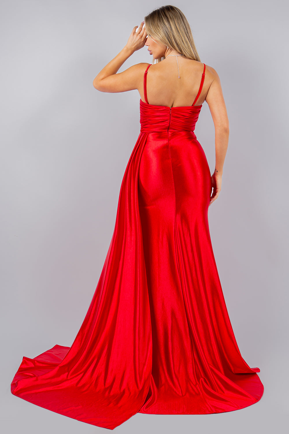 Luxe Satin Embellished Sweetheart Gown with Side Sash and Slit - 8082J