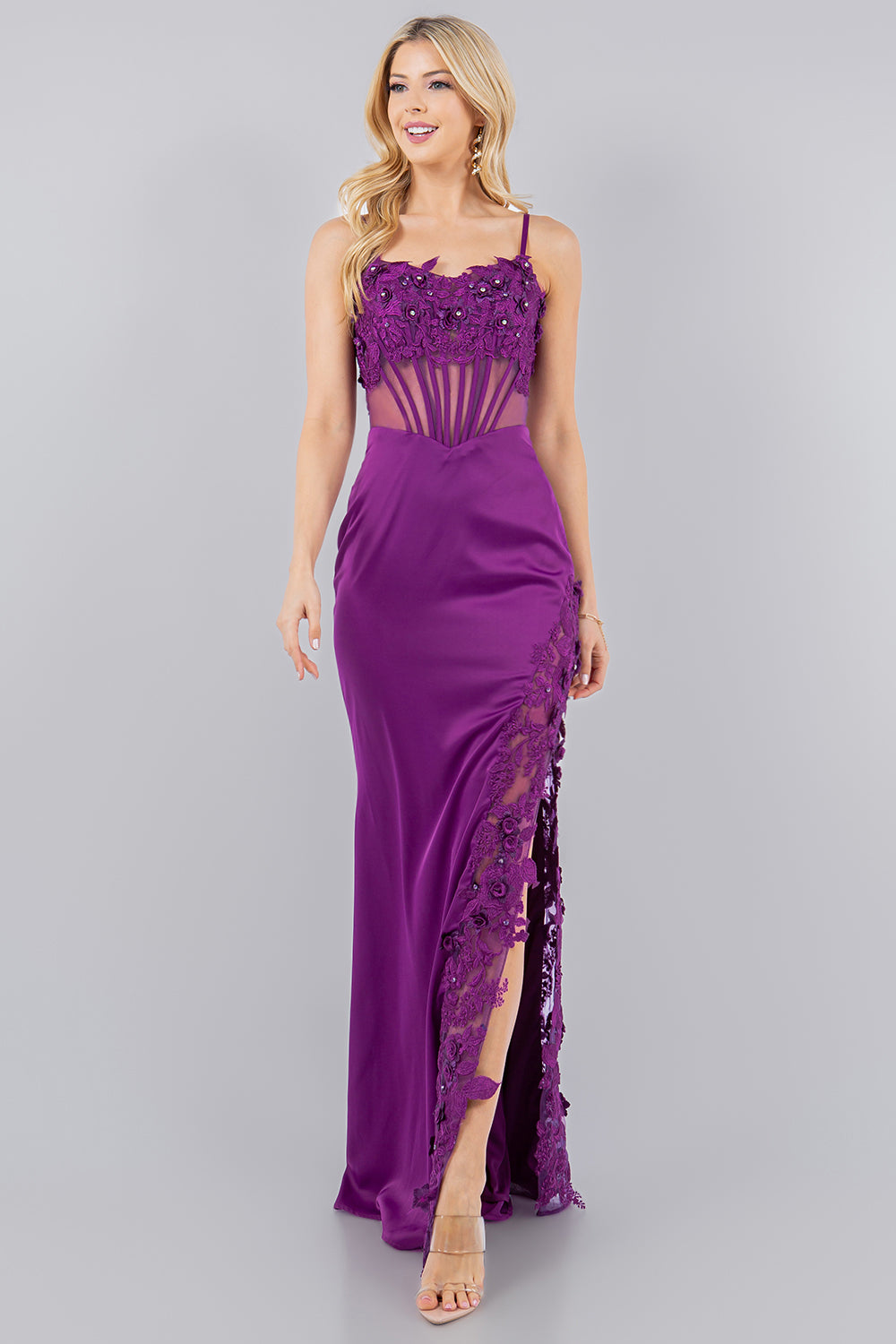 Satin Illusion Corset Gown with 3D Floral Appliqué and Lace Slit - 8085J
