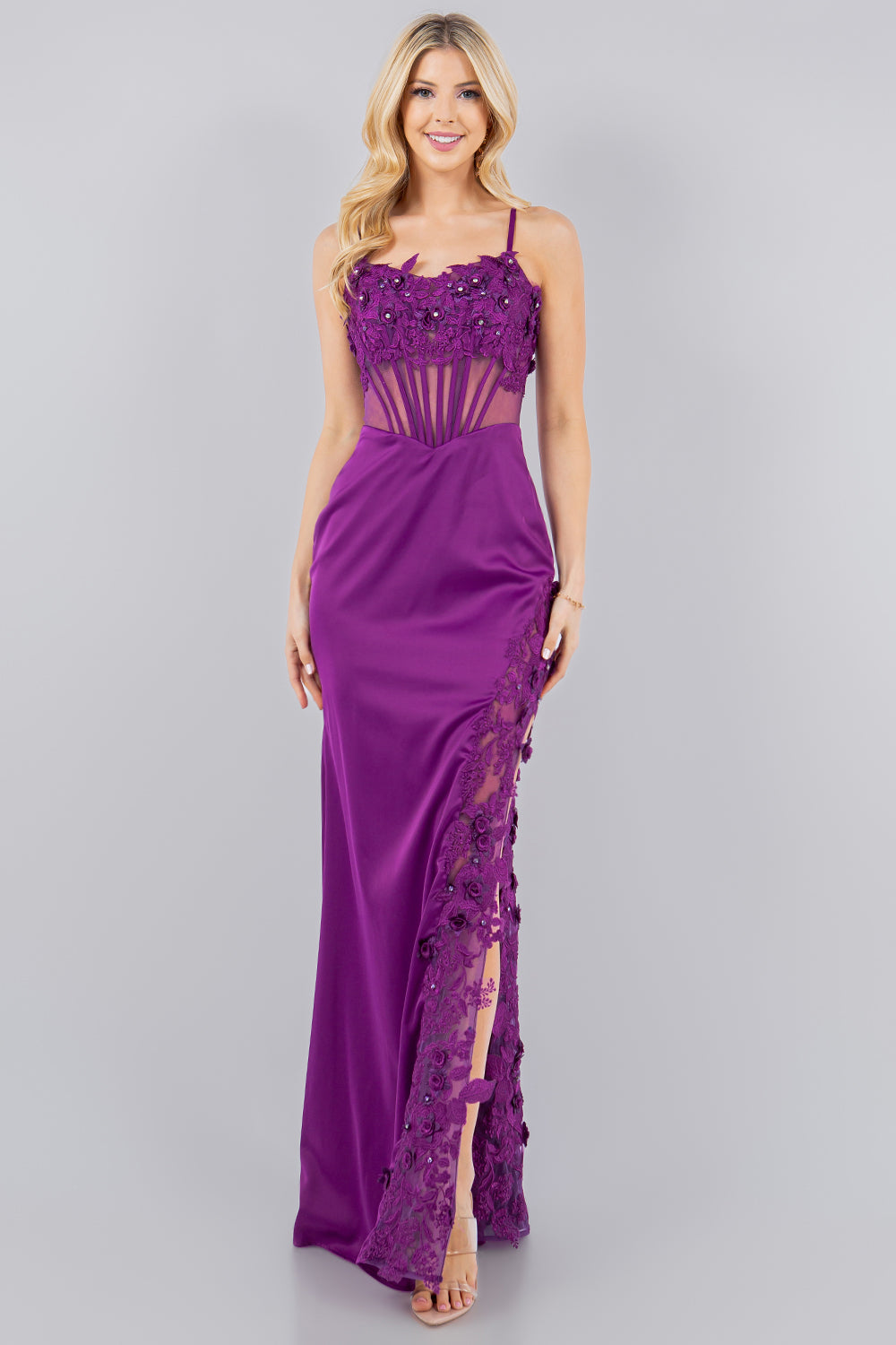 Satin Illusion Corset Gown with 3D Floral Appliqué and Lace Slit - 8085J