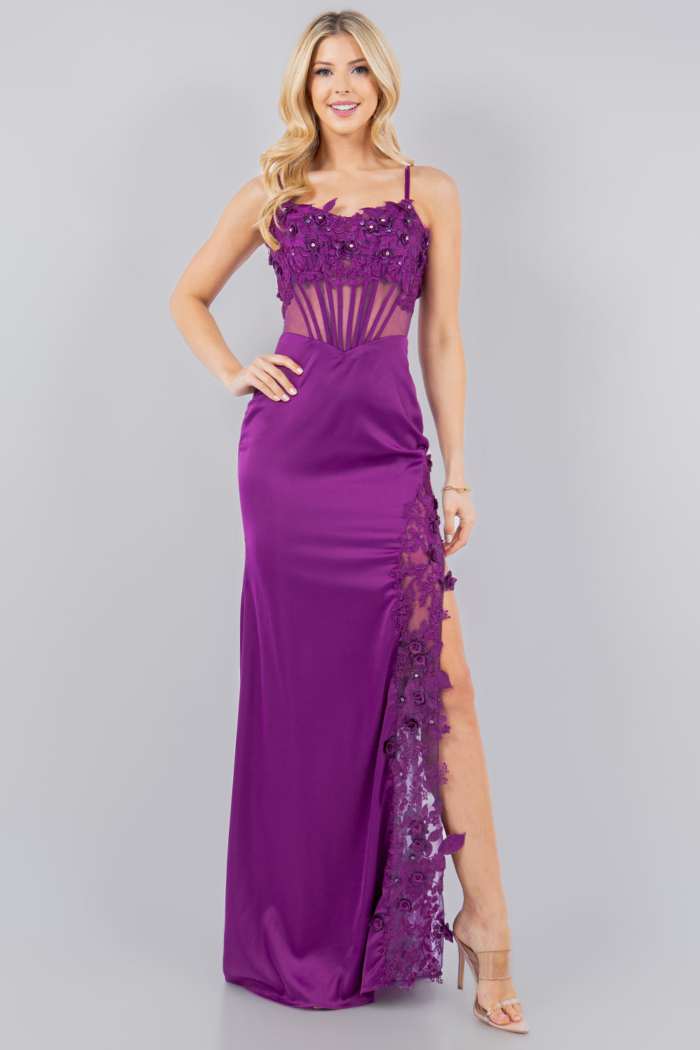 Satin Illusion Corset Gown with 3D Floral Appliqué and Lace Slit - 8085J