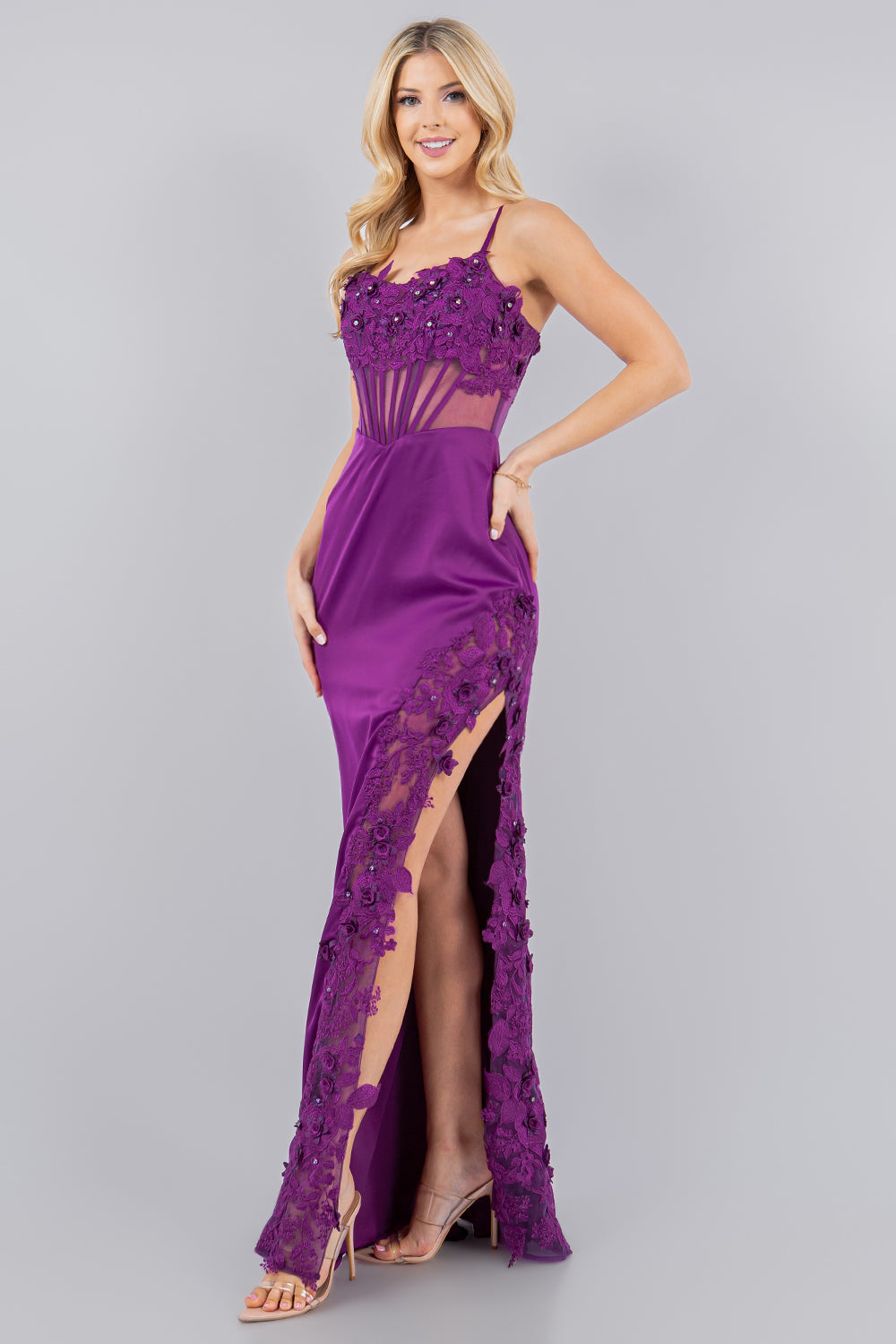 Satin Illusion Corset Gown with 3D Floral Appliqué and Lace Slit - 8085J