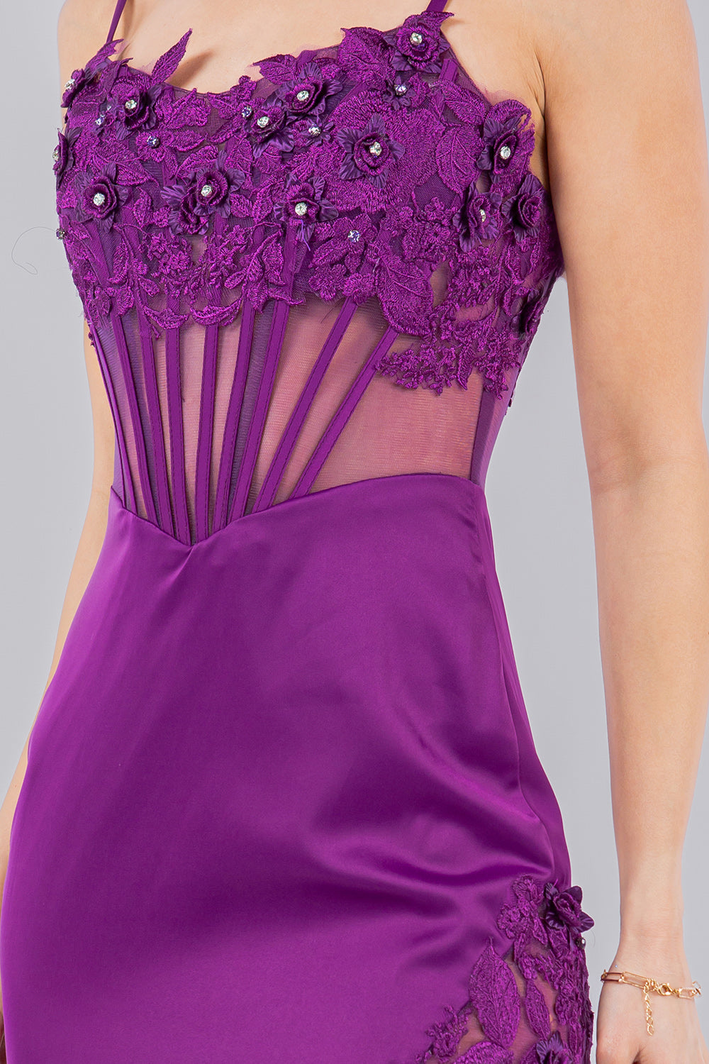Satin Illusion Corset Gown with 3D Floral Appliqué and Lace Slit - 8085J