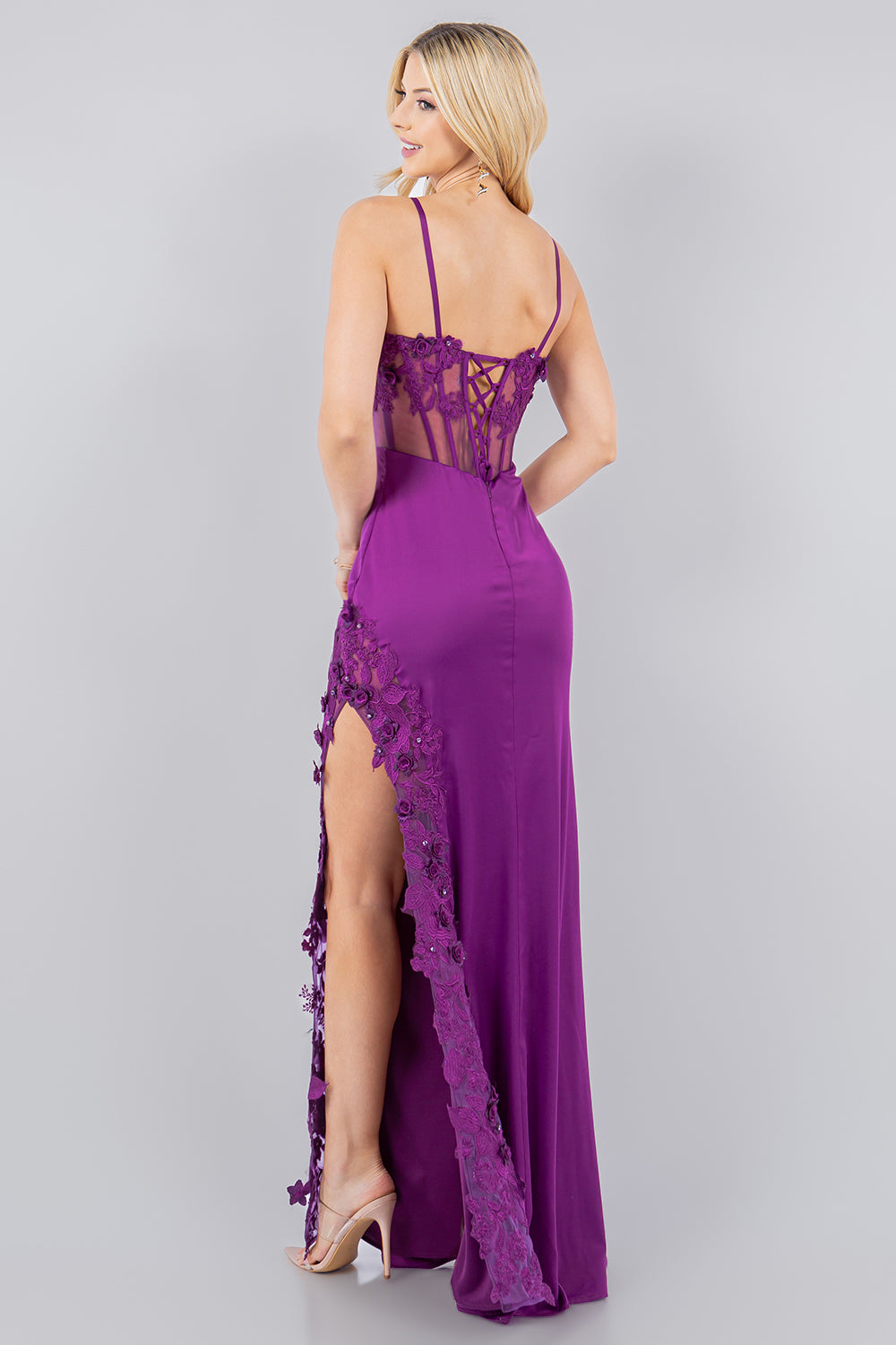 Satin Illusion Corset Gown with 3D Floral Appliqué and Lace Slit - 8085J