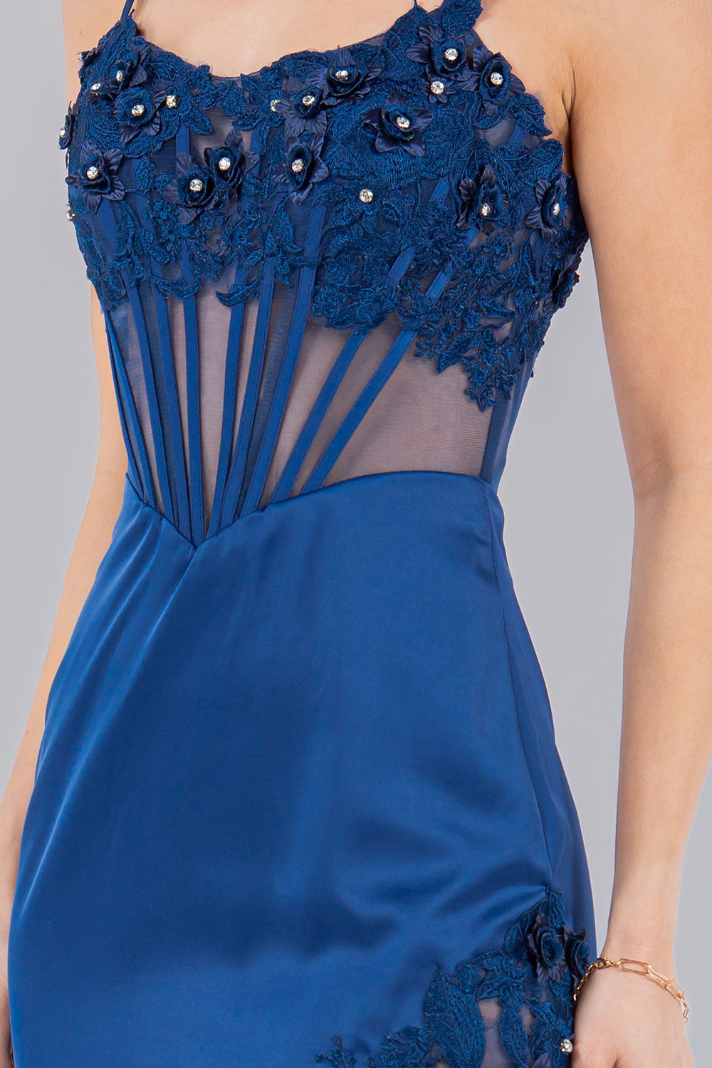 Satin Illusion Corset Gown with 3D Floral Appliqué and Lace Slit - 8085J