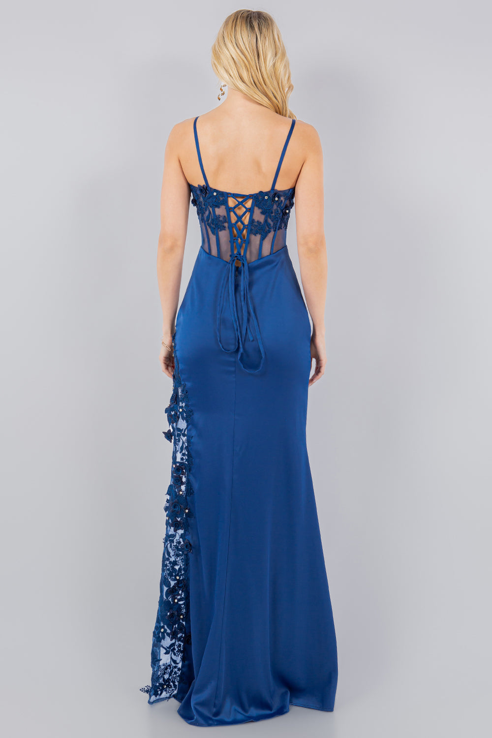 Satin Illusion Corset Gown with 3D Floral Appliqué and Lace Slit - 8085J