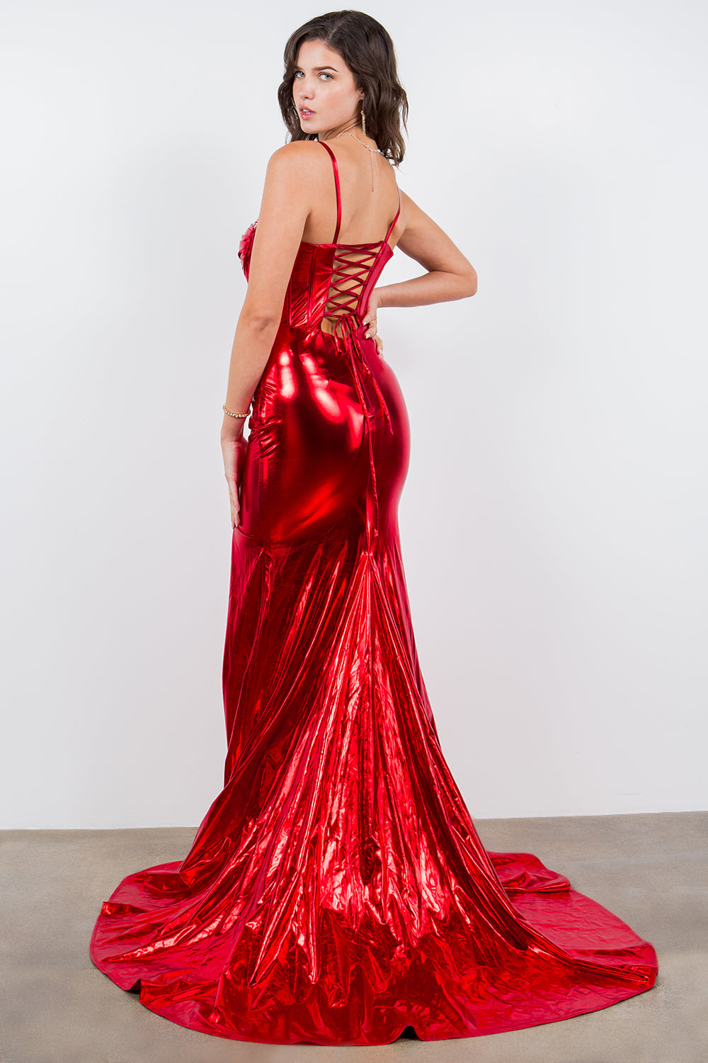 Sleek Liquid Satin Mermaid Gown with Deep V Corset - 8092J