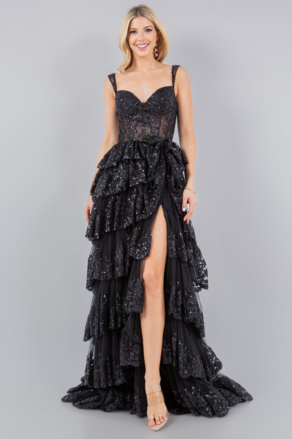 Sequin Ruffle Tiered Evening Gown – 8093J