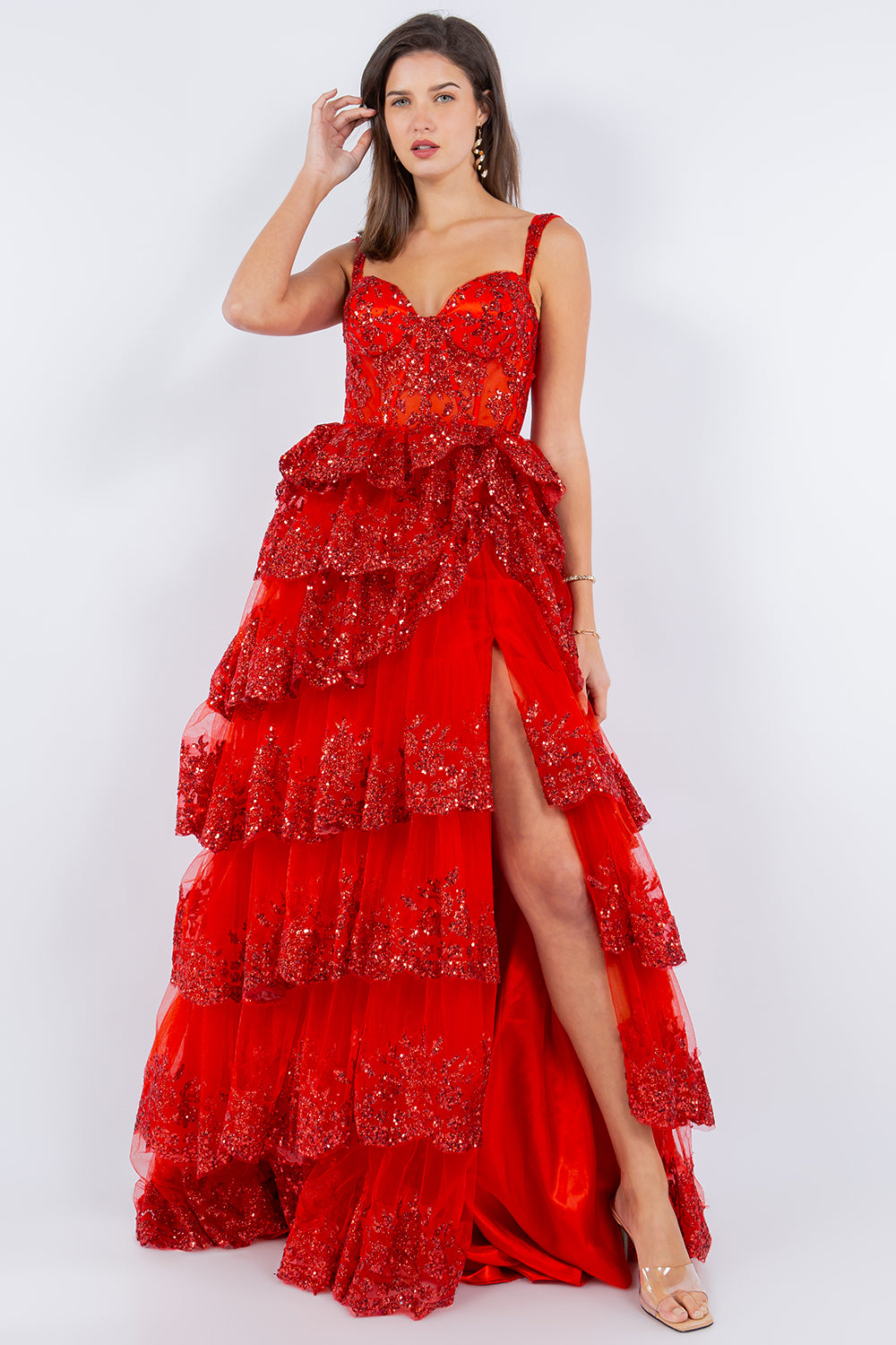 Sequin Ruffle Tiered Evening Gown – 8093J