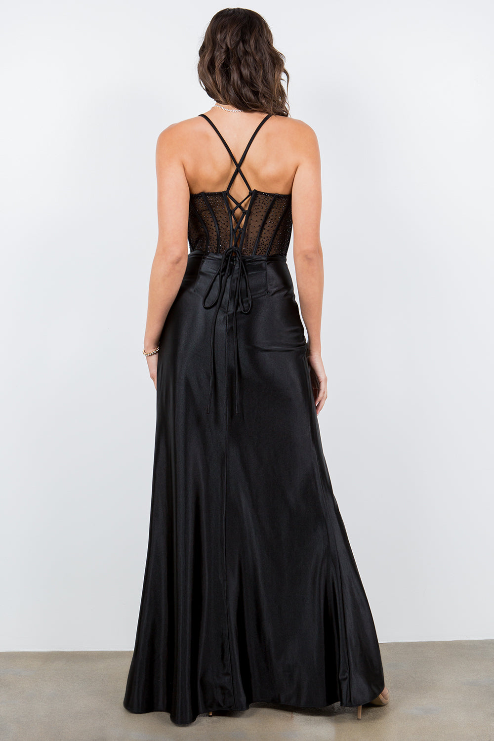 Rhinestone Mesh Corset Gown with High Slit - 8116J