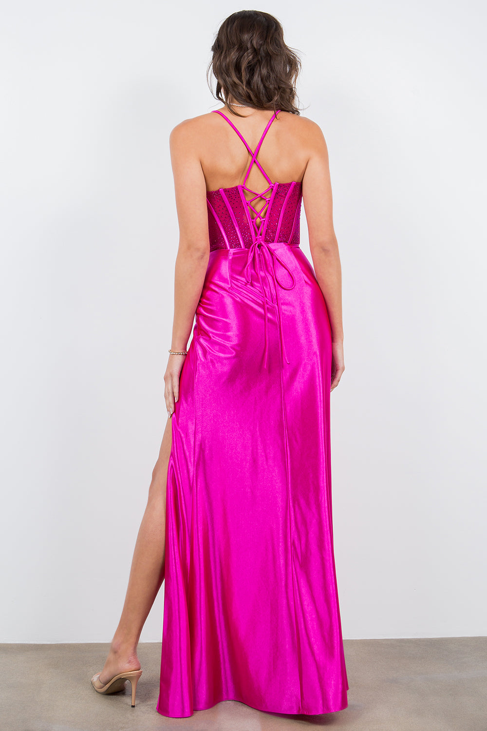 Rhinestone Mesh Corset Gown with High Slit - 8116J
