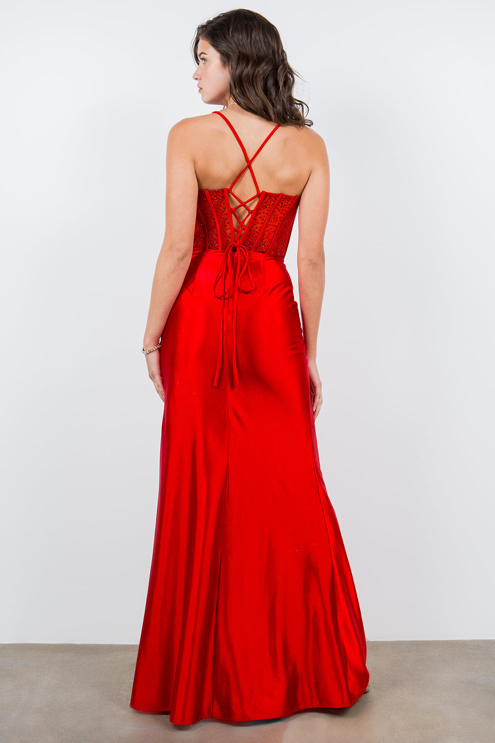 Rhinestone Mesh Corset Gown with High Slit - 8116J