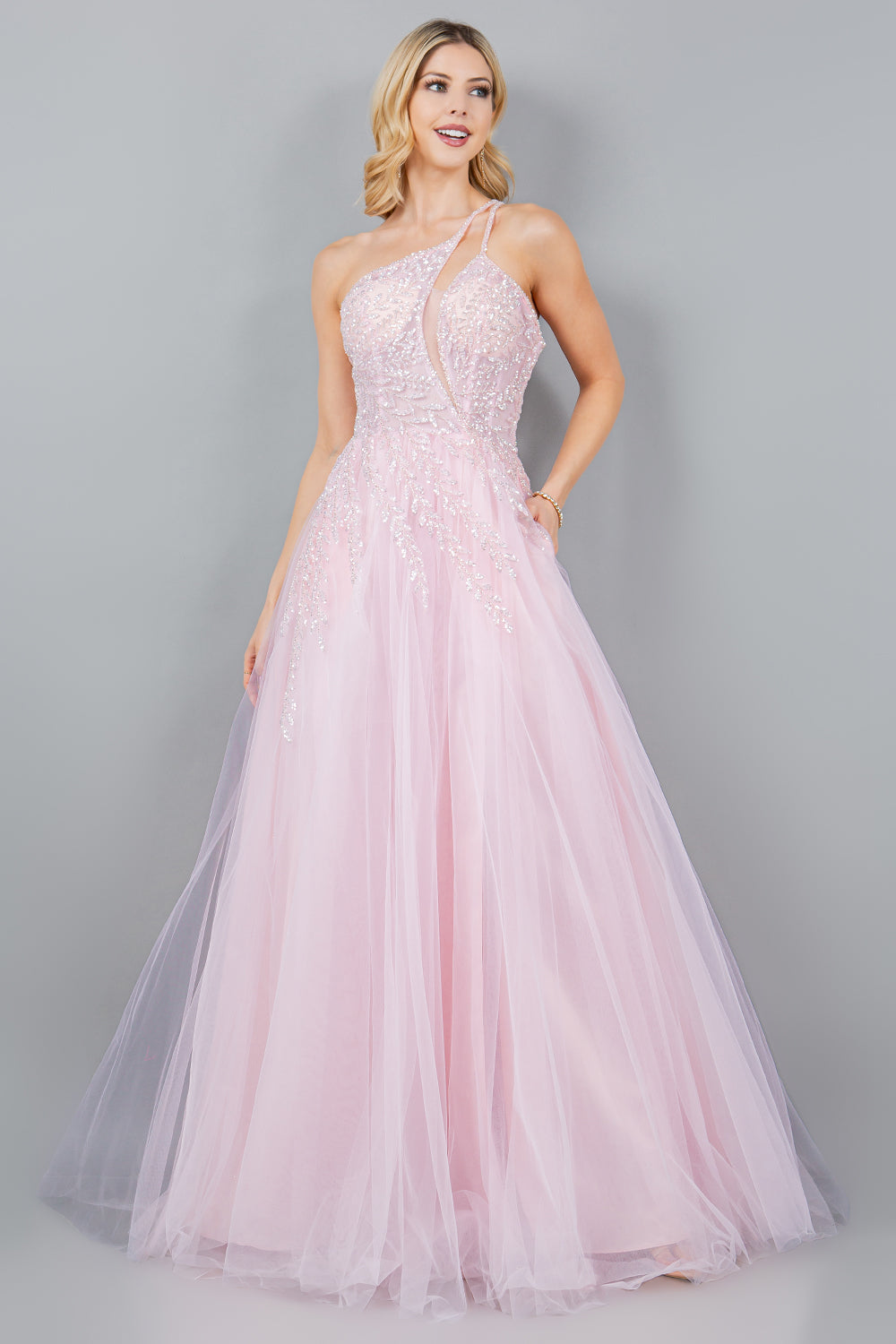 One-Shoulder A-Line Gown with Sequin Embellishments - 8118J