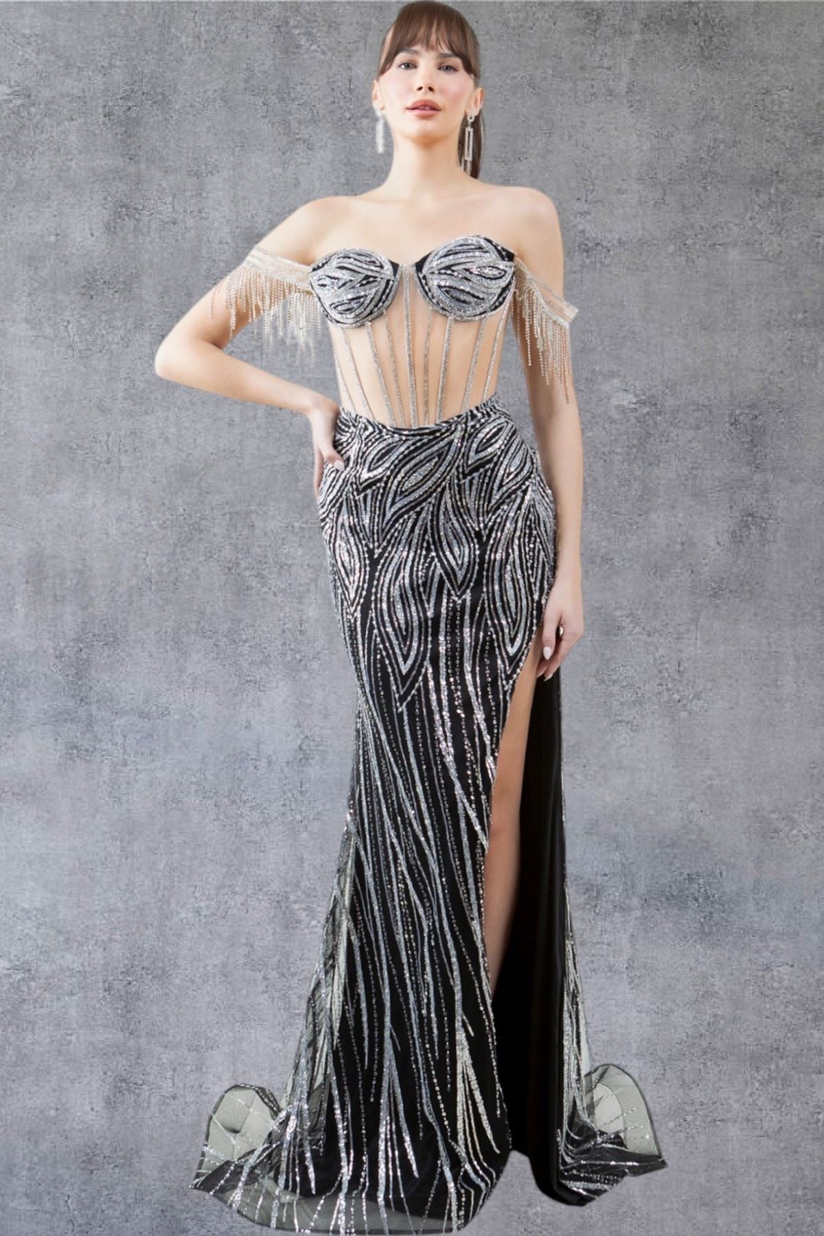 Rhinestone Corset Off-Shoulder Gown - 8147J