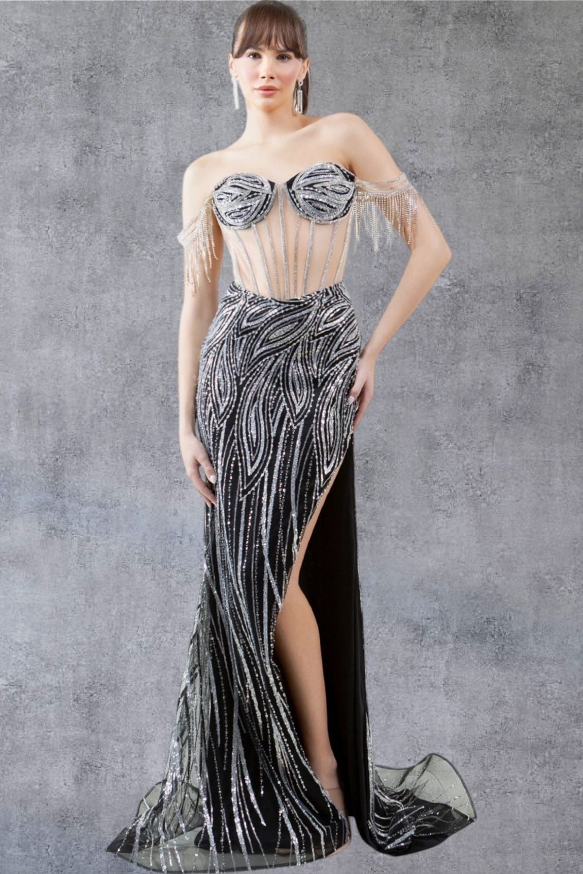 Rhinestone Corset Off-Shoulder Gown - 8147J