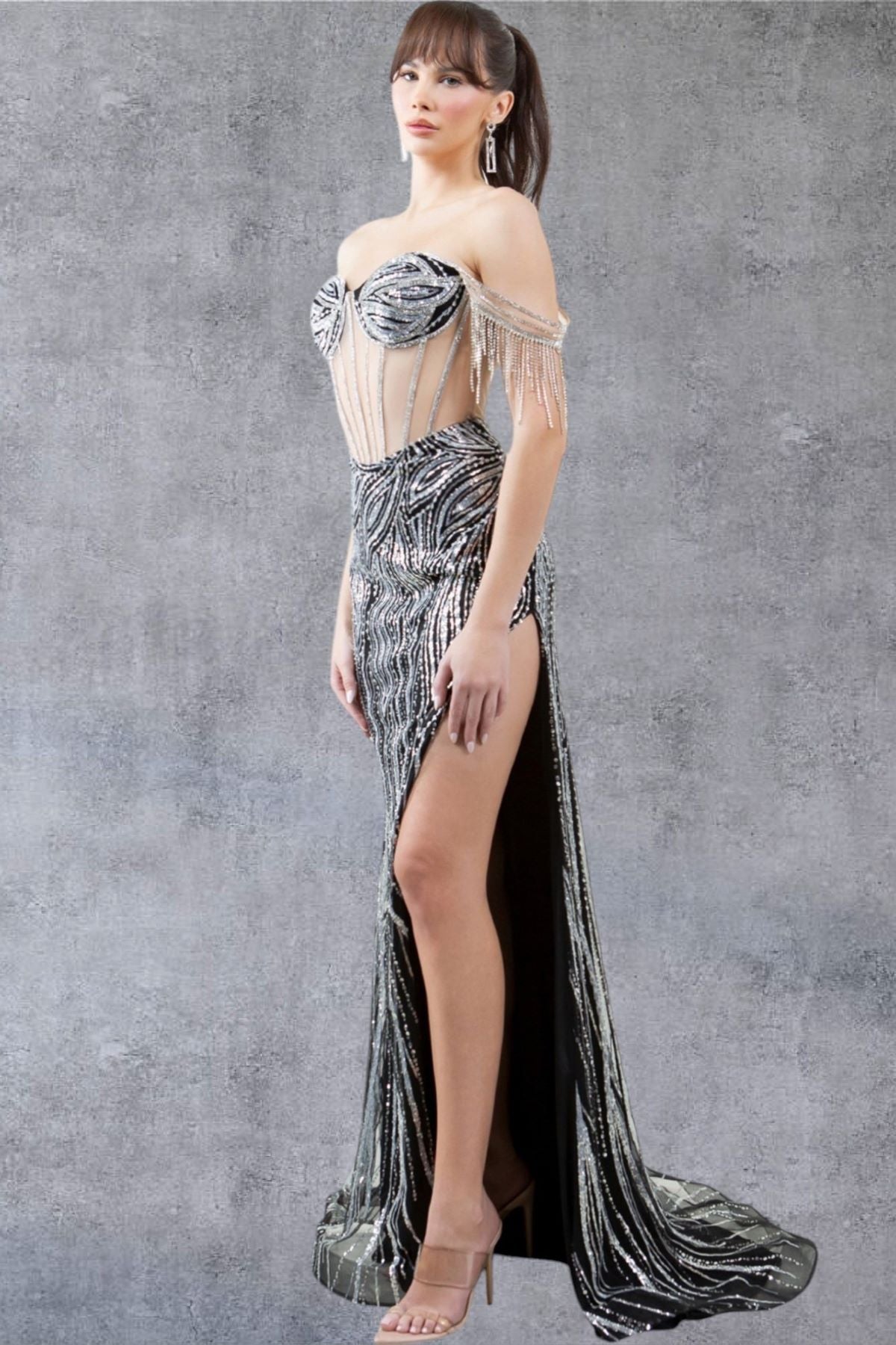 Rhinestone Corset Off-Shoulder Gown - 8147J
