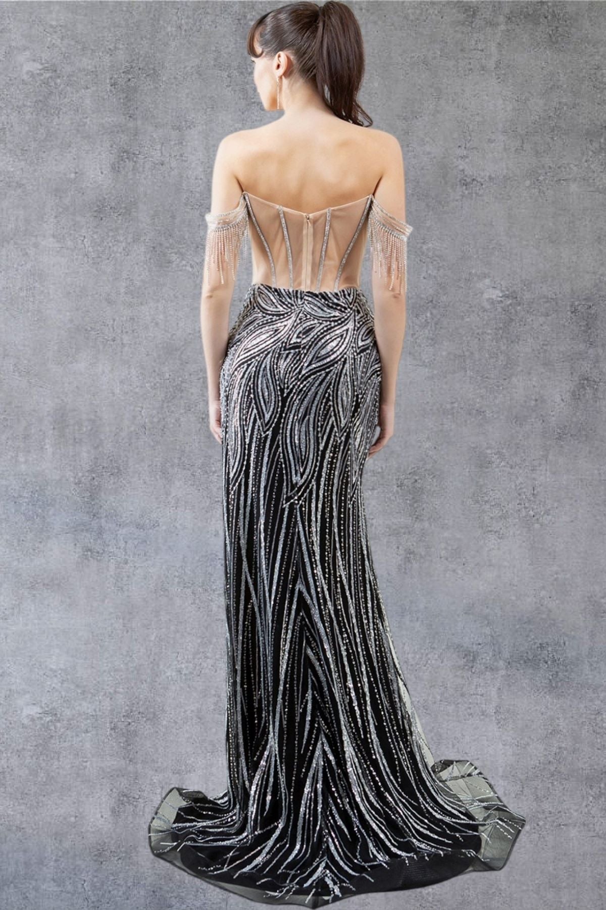 Rhinestone Corset Off-Shoulder Gown - 8147J