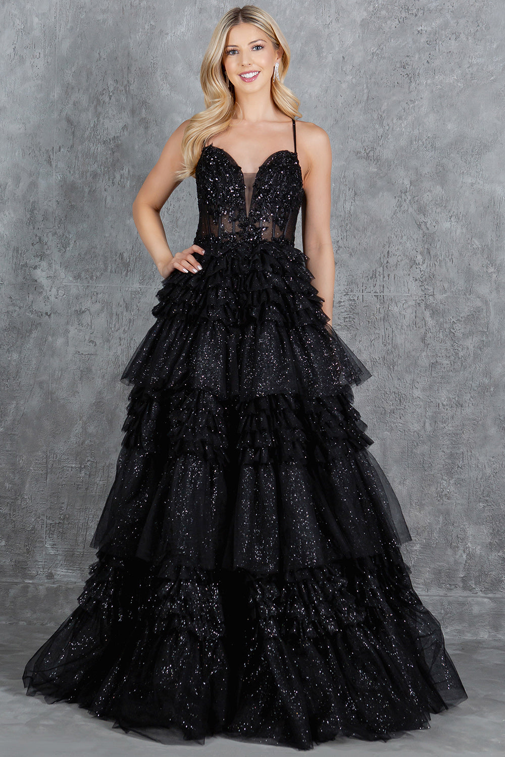 Tiered Ruffle Ball Gown with Embellished Corset Bodice - 8163J