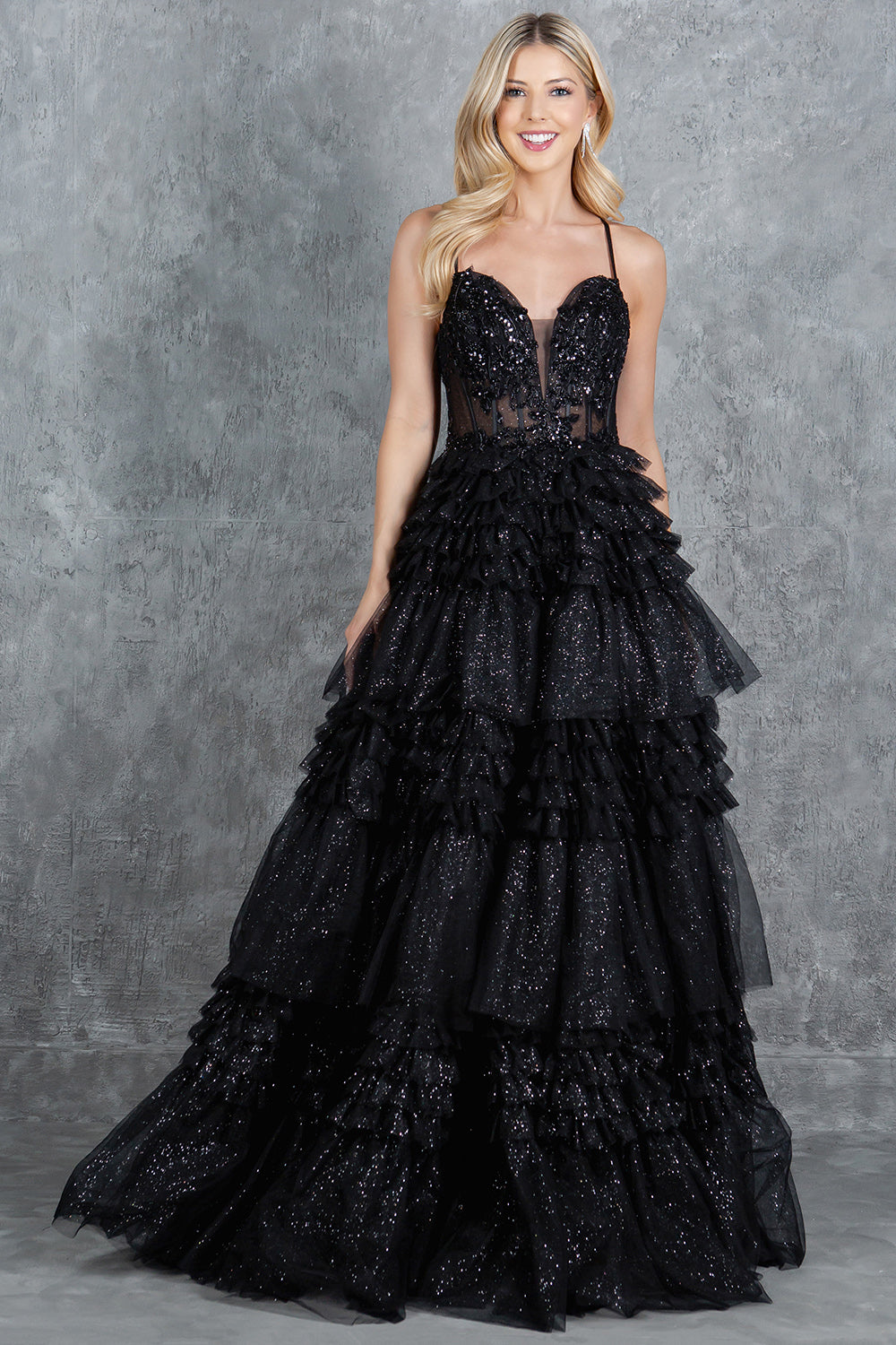 Tiered Ruffle Ball Gown with Embellished Corset Bodice - 8163J