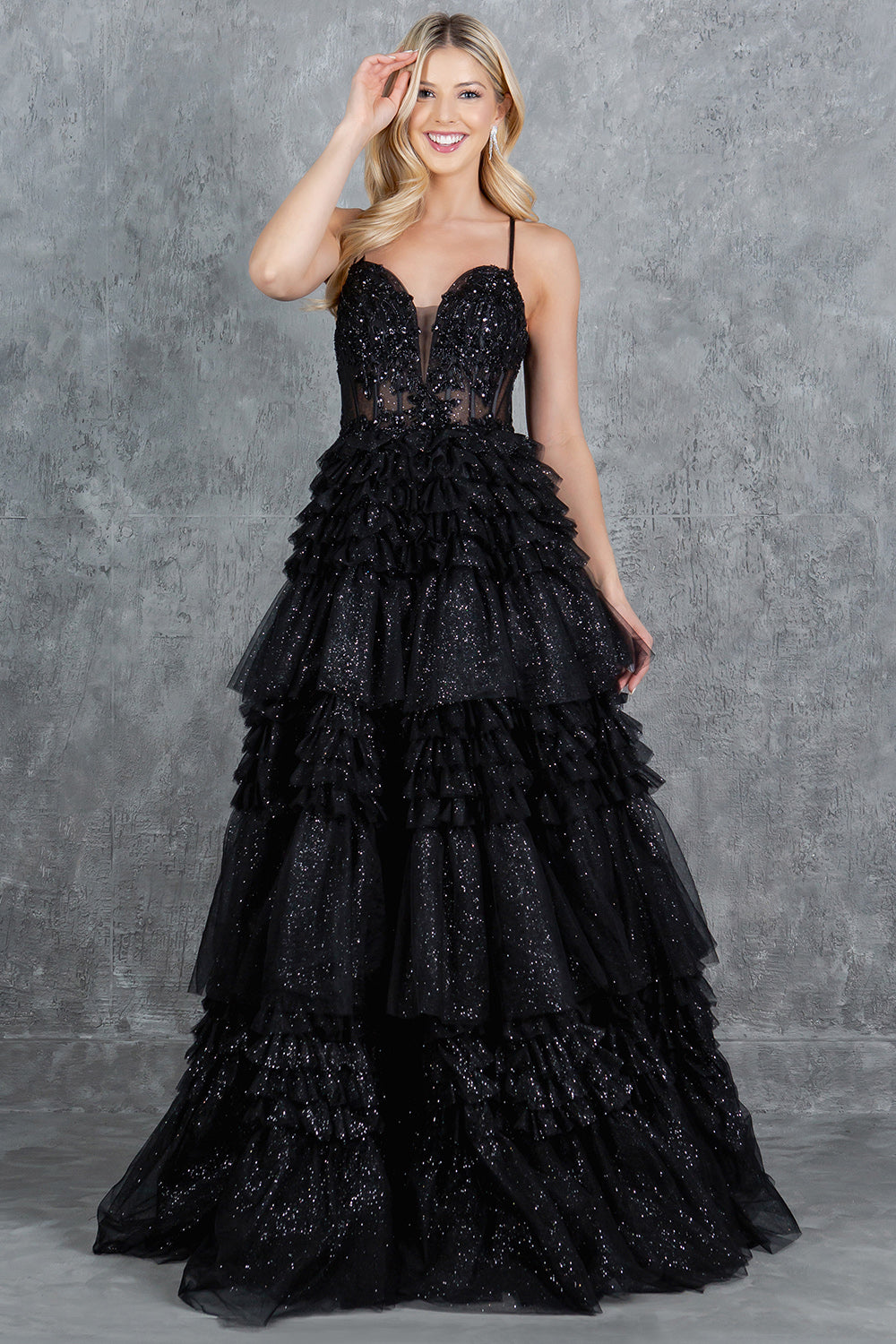 Tiered Ruffle Ball Gown with Embellished Corset Bodice - 8163J