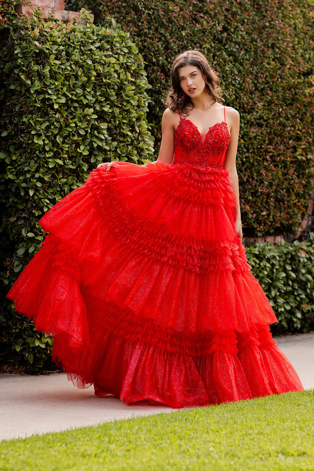 Tiered Ruffle Ball Gown with Embellished Corset Bodice - 8163J
