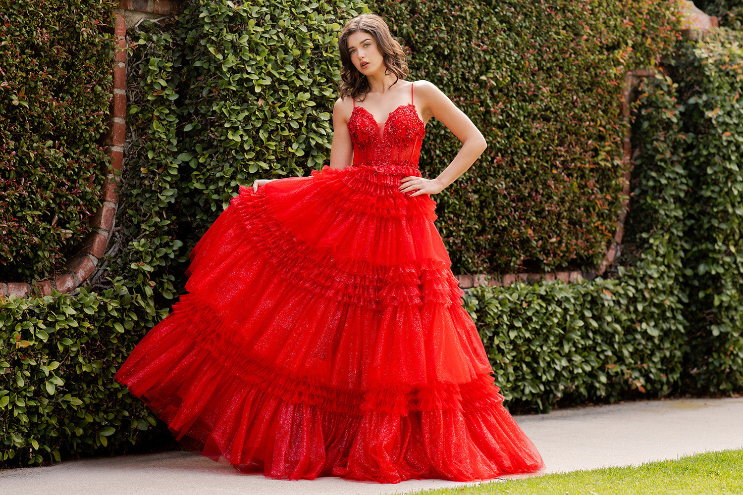 Tiered Ruffle Ball Gown with Embellished Corset Bodice - 8163J