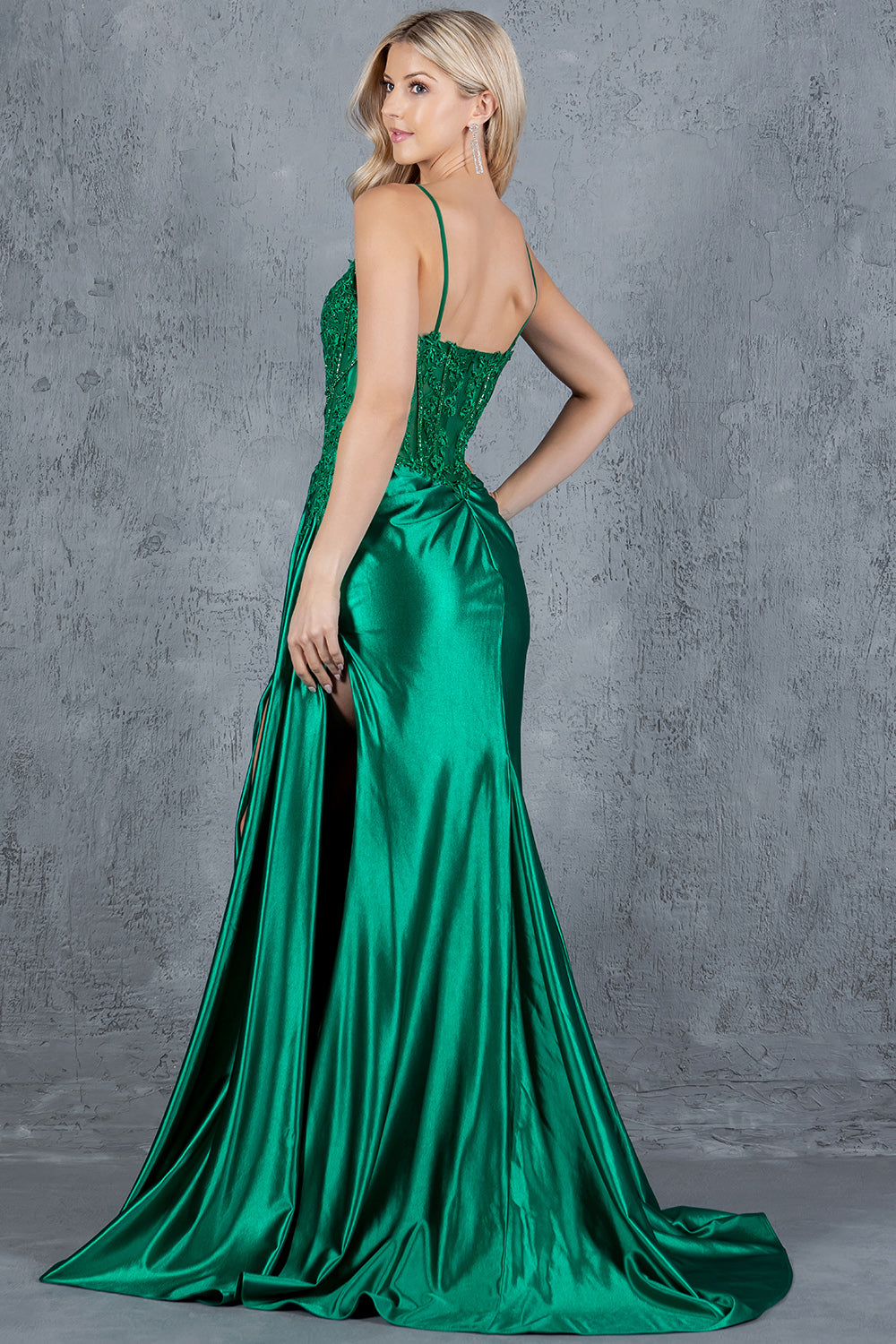 Satin Gown with Embroidered Lace Corset and Slit - 8177J