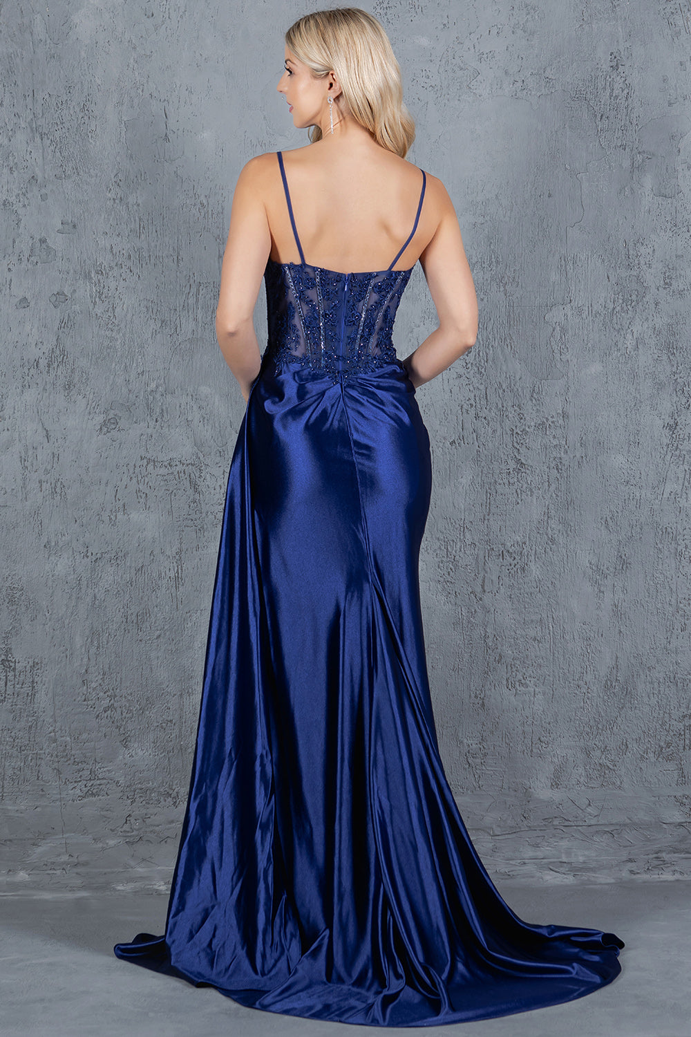 Satin Gown with Embroidered Lace Corset and Slit - 8177J