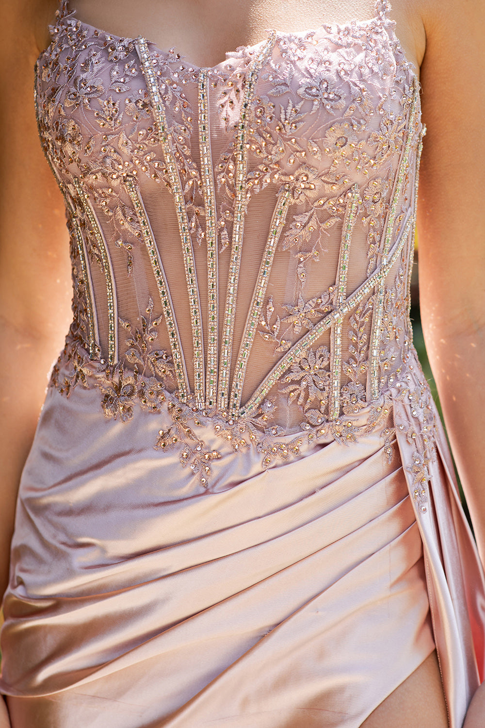 Satin Gown with Embroidered Lace Corset and Slit - 8177J