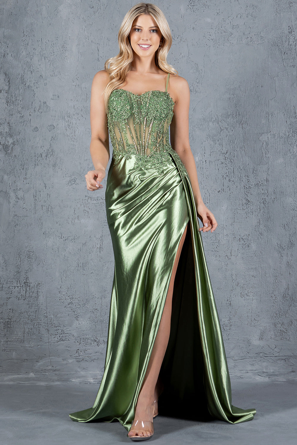 Satin Gown with Embroidered Lace Corset and Slit - 8177J