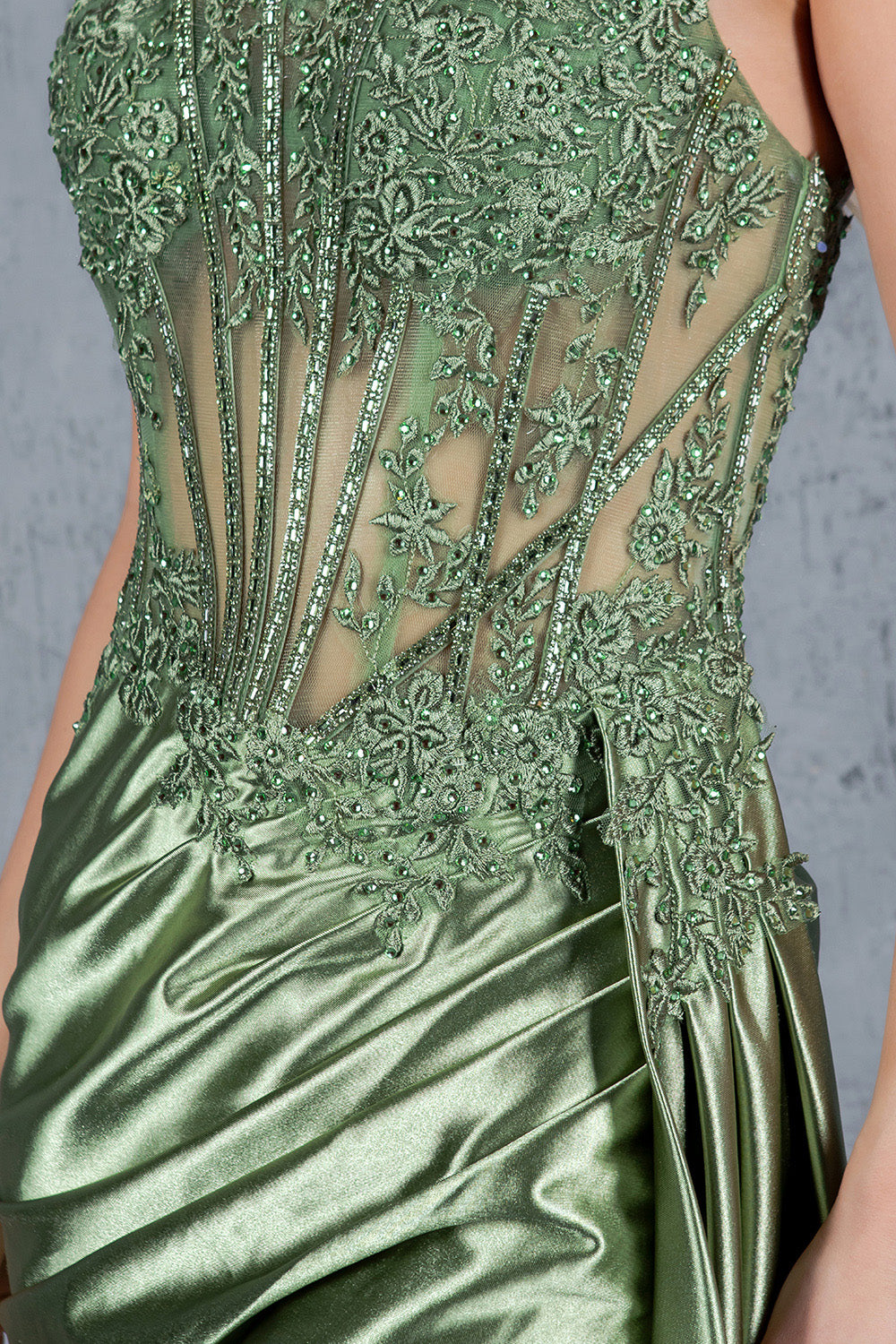 Satin Gown with Embroidered Lace Corset and Slit - 8177J