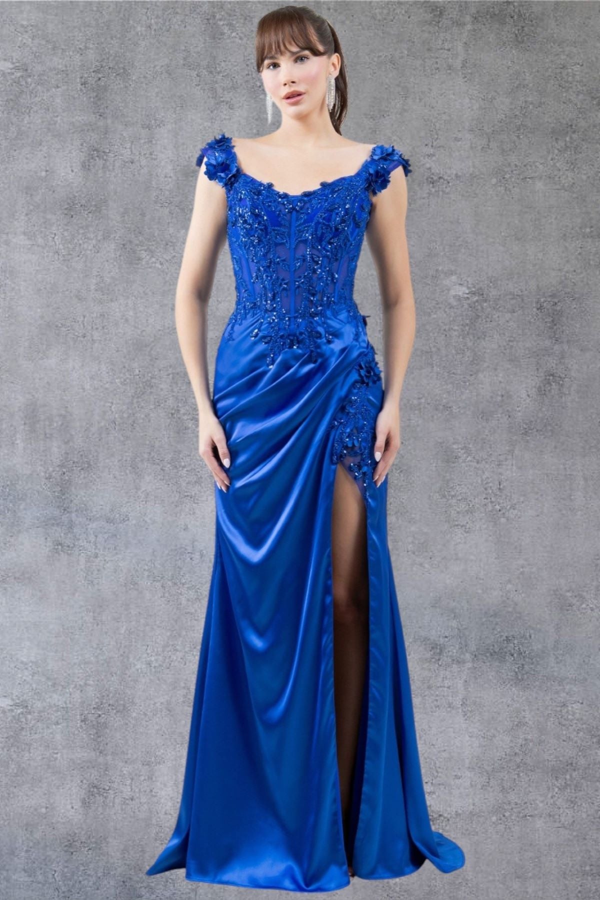 Off-Shoulder Lace Gown with Slit – Style 8181J