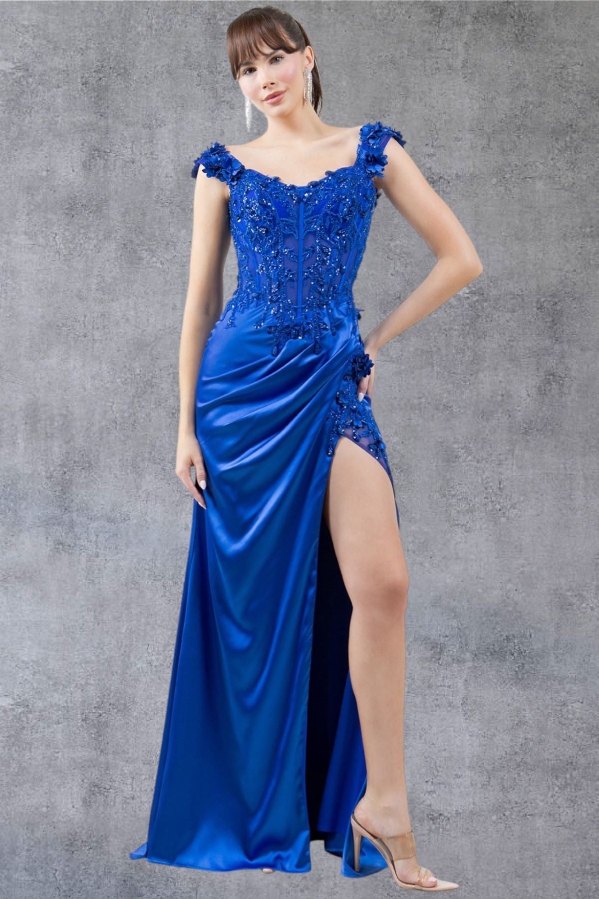 Off-Shoulder Lace Gown with Slit – Style 8181J