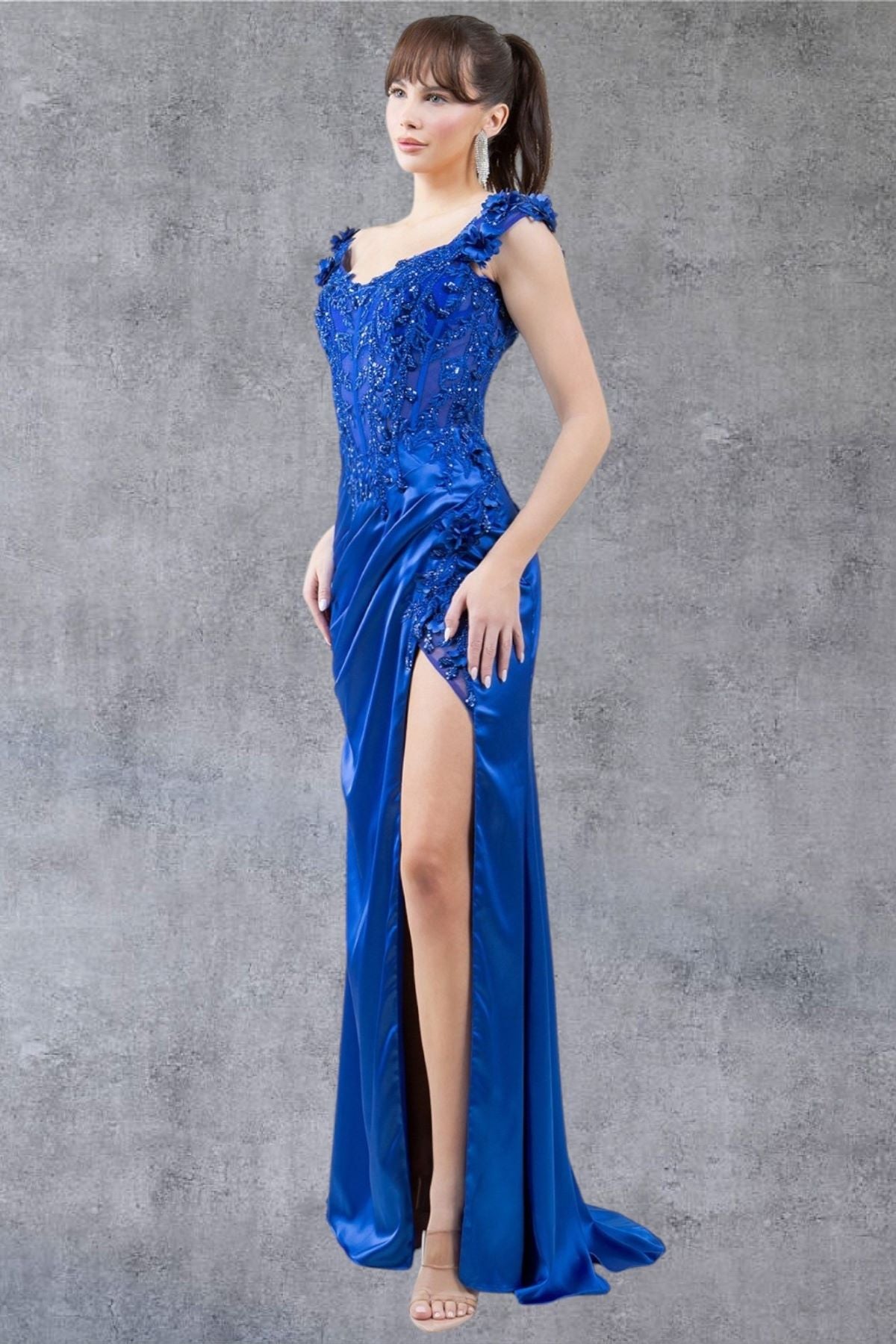 Off-Shoulder Lace Gown with Slit – Style 8181J