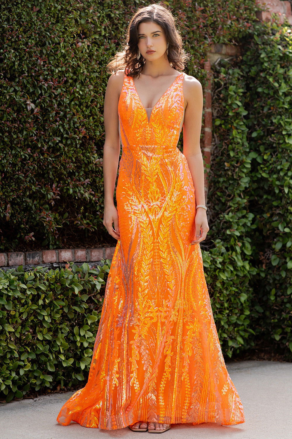 Neon Orange Sequin Mermaid Gown - 8182J