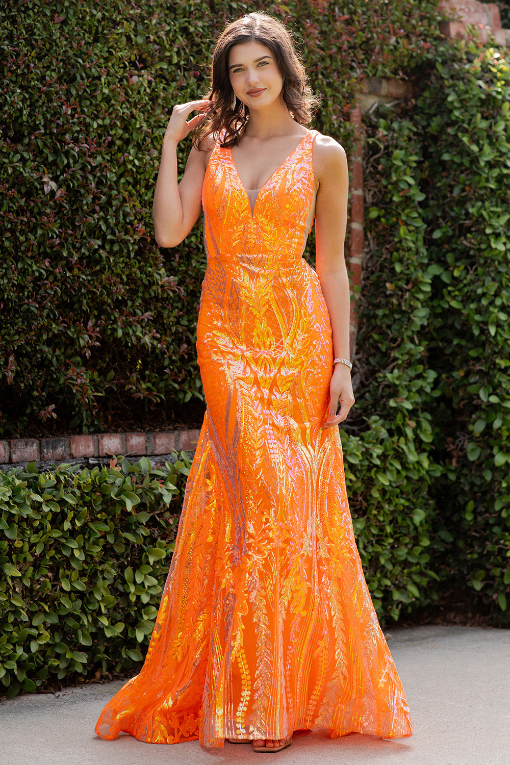 Neon Orange Sequin Mermaid Gown - 8182J