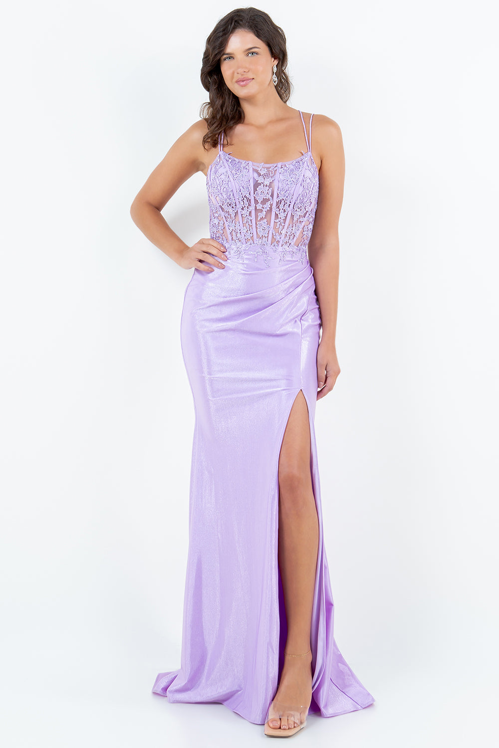 Lilac Lace Corset Evening Gown with Slit - 8185J