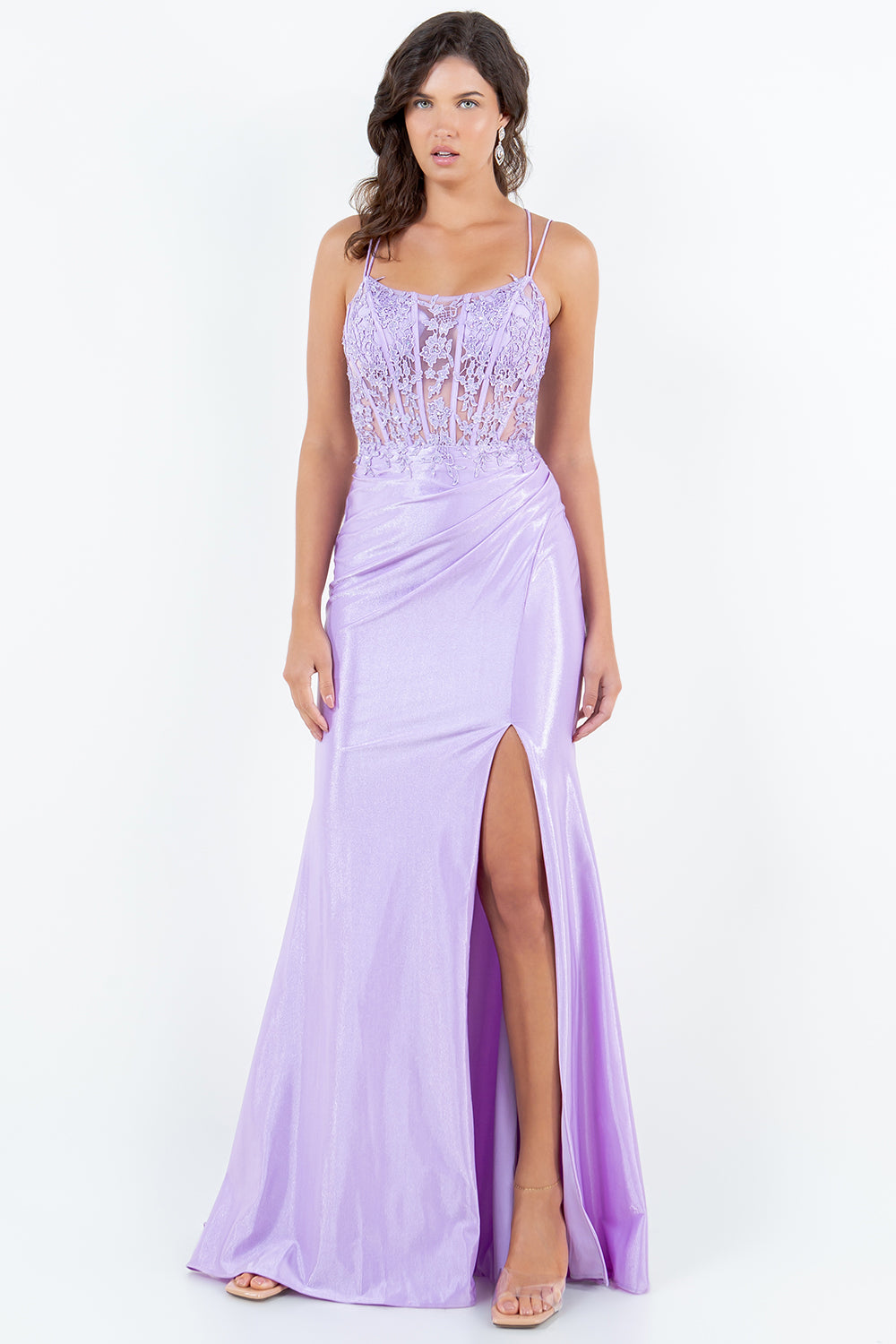 Lilac Lace Corset Evening Gown with Slit - 8185J