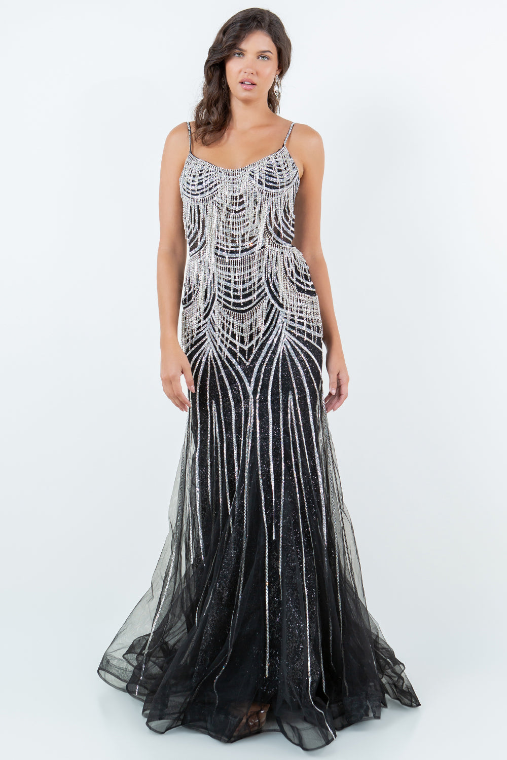 Beaded Fringe Gown with Lace-Up Back – Style 8192J