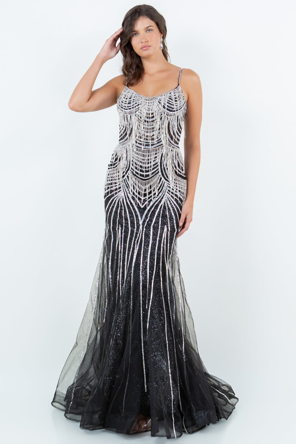Beaded Fringe Gown with Lace-Up Back – Style 8192J
