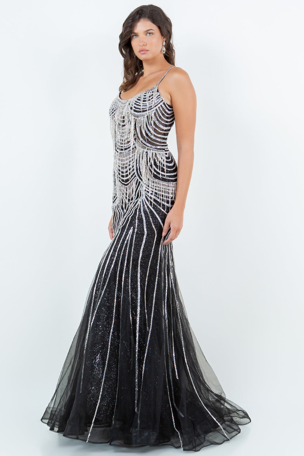 Beaded Fringe Gown with Lace-Up Back – Style 8192J