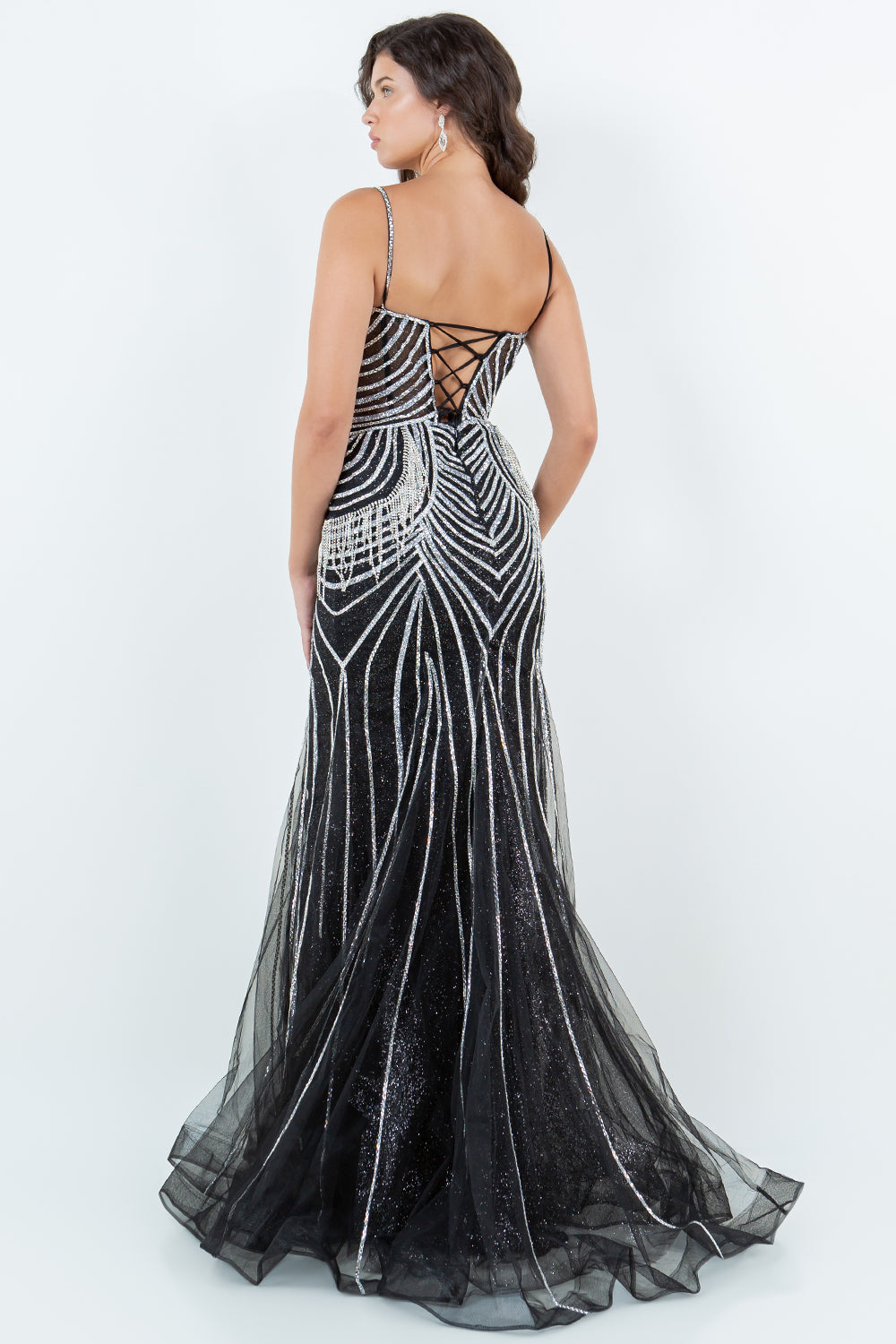 Beaded Fringe Gown with Lace-Up Back – Style 8192J