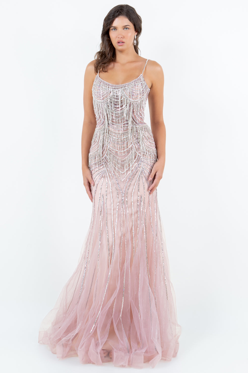 Beaded Fringe Gown with Lace-Up Back – Style 8192J