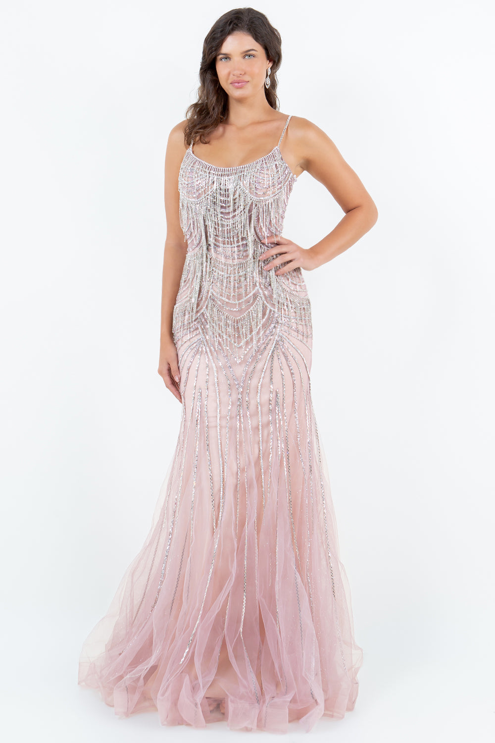 Beaded Fringe Gown with Lace-Up Back – Style 8192J