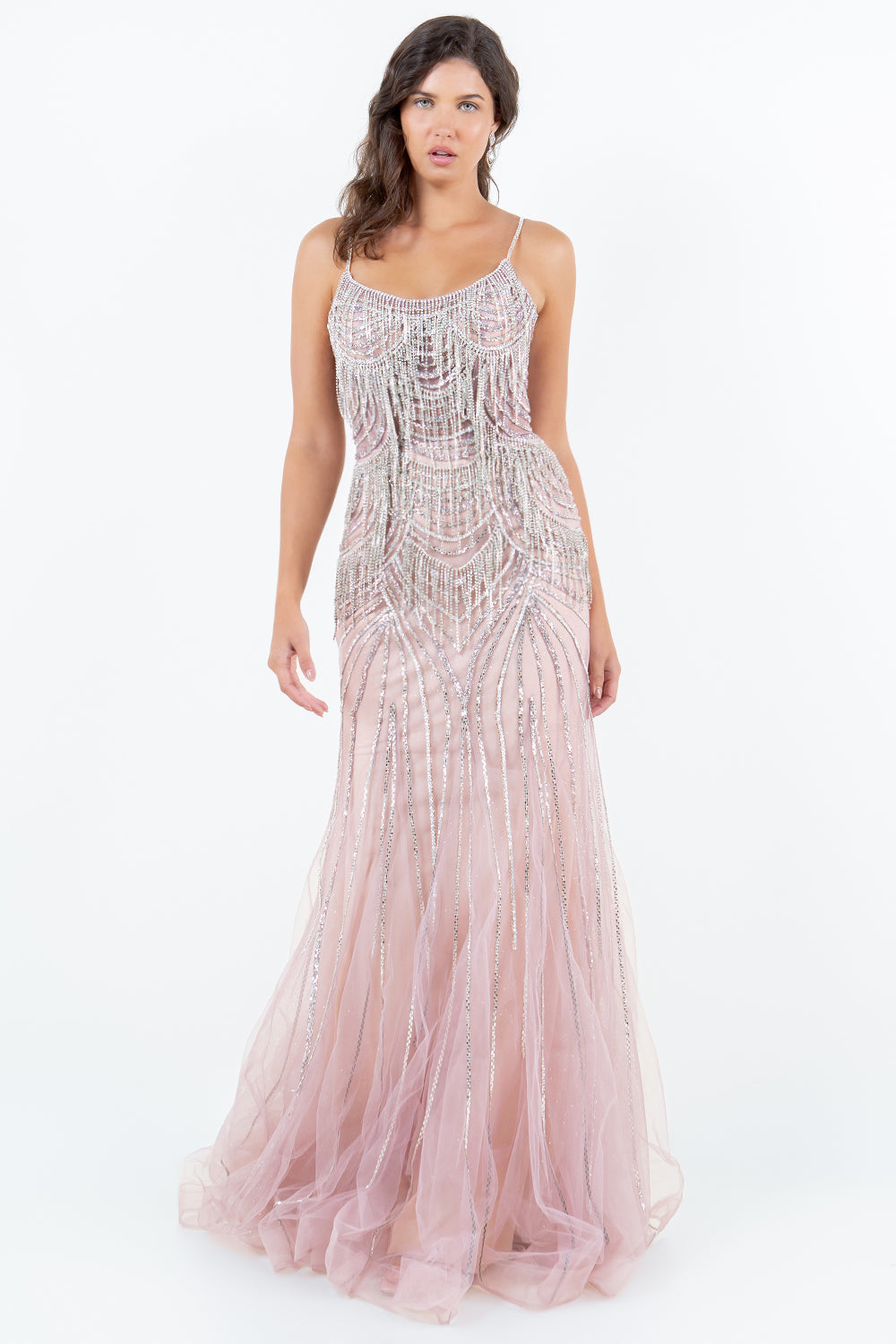 Beaded Fringe Gown with Lace-Up Back – Style 8192J