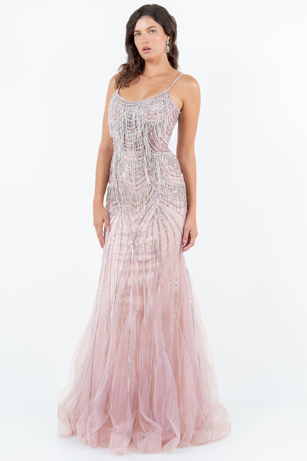 Beaded Fringe Gown with Lace-Up Back – Style 8192J