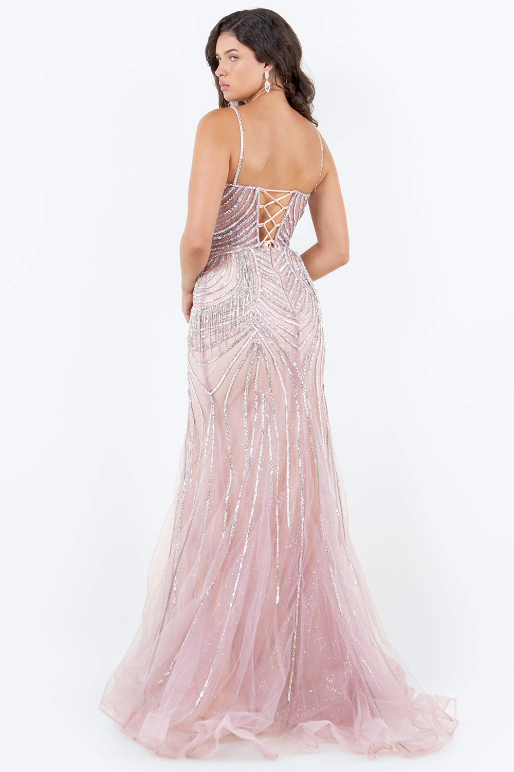 Beaded Fringe Gown with Lace-Up Back – Style 8192J