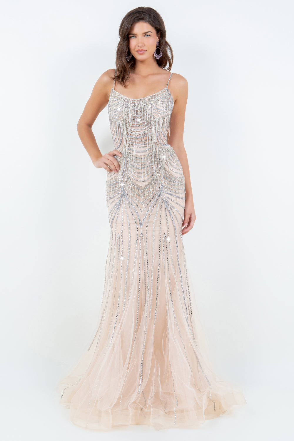 Beaded Fringe Gown with Lace-Up Back – Style 8192J