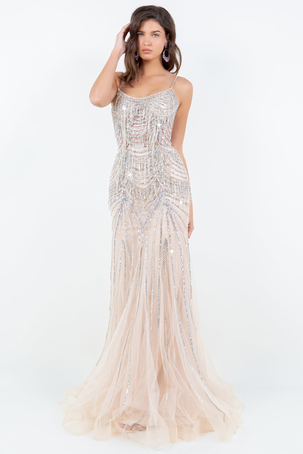Beaded Fringe Gown with Lace-Up Back – Style 8192J