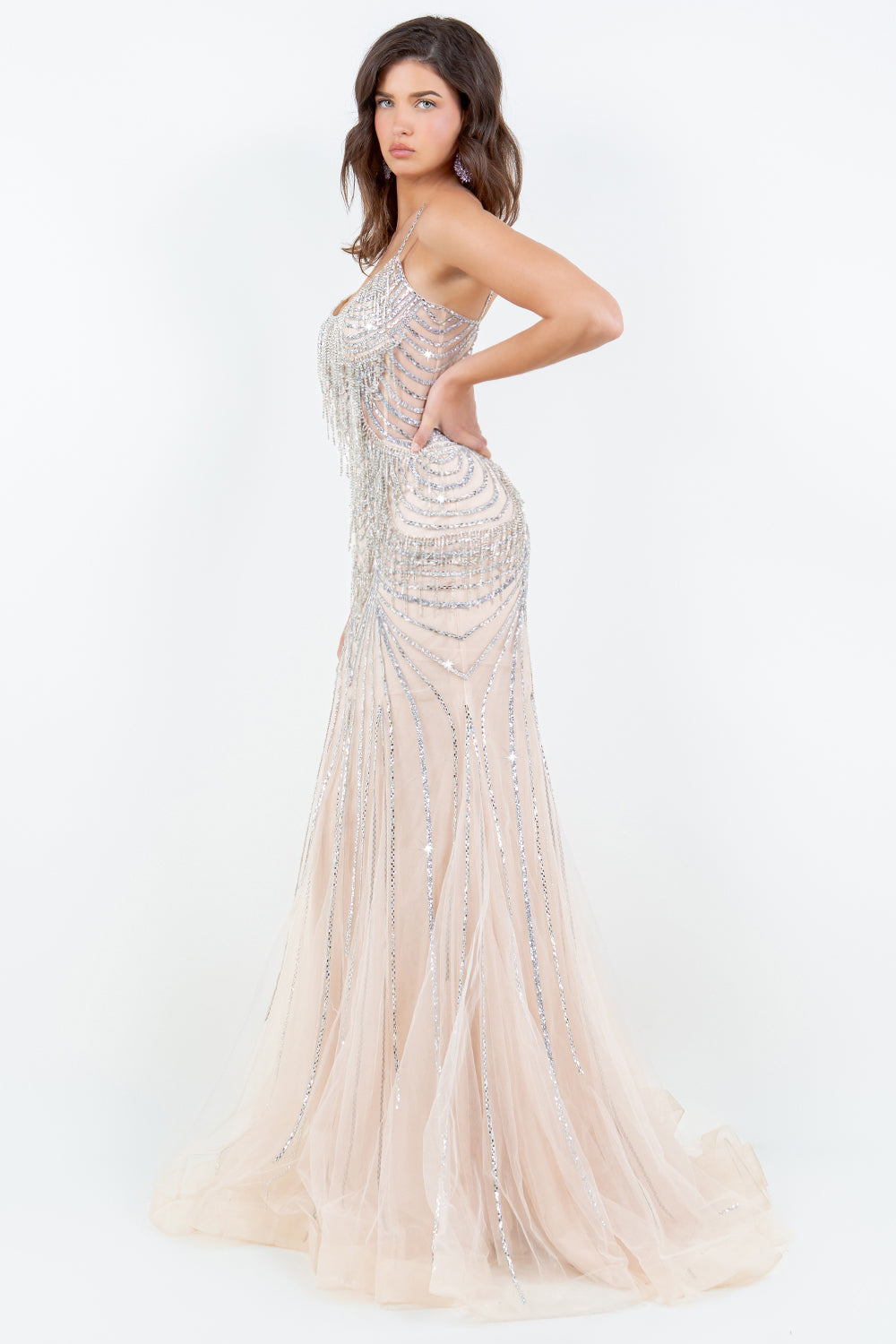 Beaded Fringe Gown with Lace-Up Back – Style 8192J